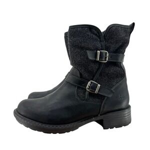 Bos & Co‎ Black Leather Tweed Saint Ankle Boots Womens 40 EU 9-9.5 US Wool Lined